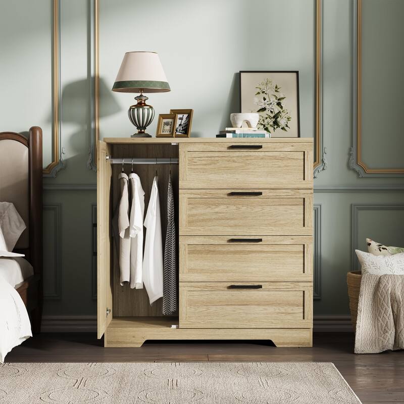43.3'' Small Wardrobe Closet, Wardrobe Cabinet with Door, 4 Drawers and Handing Rod, Wooden Clothes Cabinet