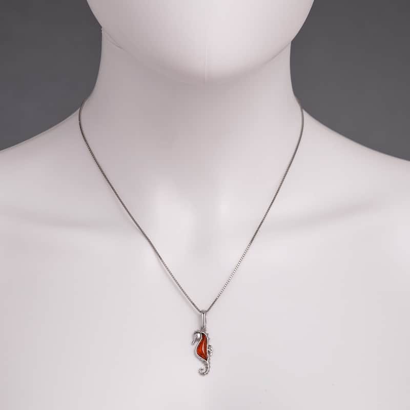Amber Seahorse Pendant in Sterling Silver