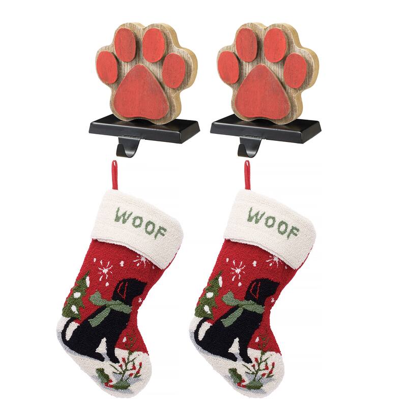 Glitzhome Christmas Wooden/Metal LED Snowman Paw Stocking Holders with Stockings Mantel Ornament - 2PK Paw & 2PK Black Dog Stocking