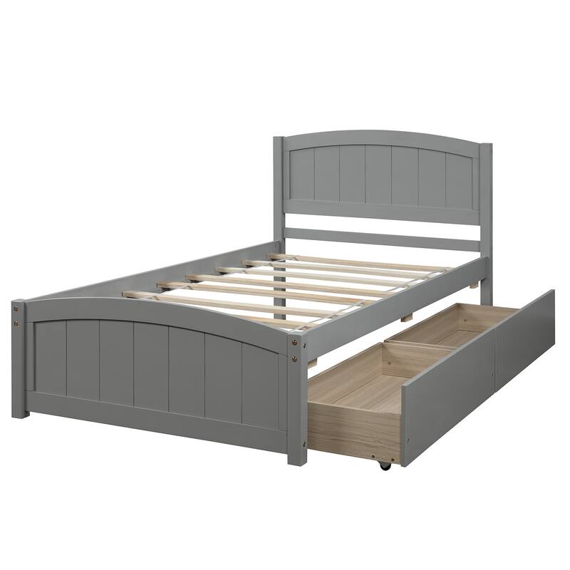Twin Size Gray Platform Bed with Two Drawers, Solid Pine Wood Frame, Minimalist Design