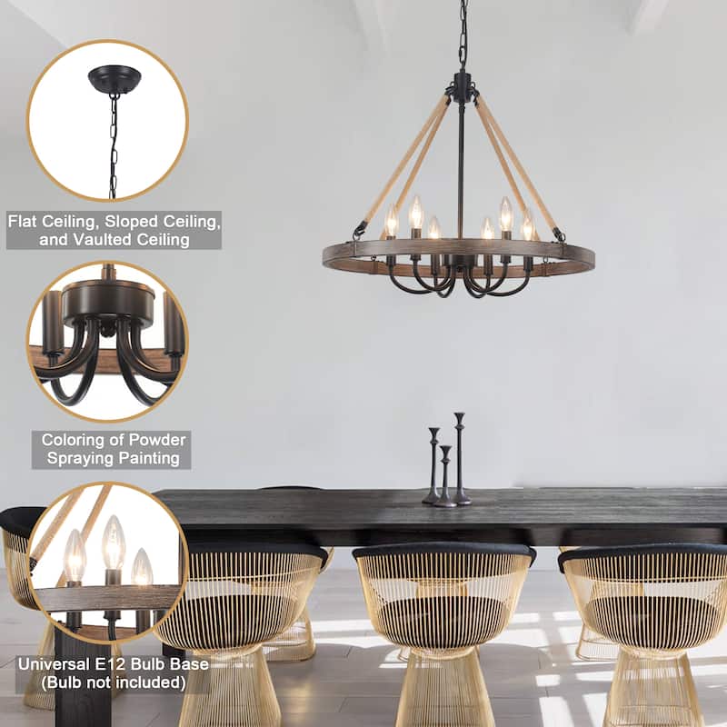 6 - Light Rustic Farmhouse Wagon Wheel Candle Style Chandelier for Living Room Bedroom Dinging Room