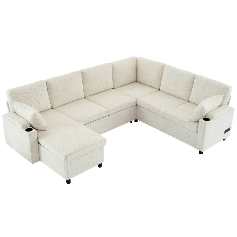 U-Shaped Chenille Sectional Sofa with Storage Chaise Lounge, Convertible Sleeper Sofa Bed with Cup Holders & Charging Ports