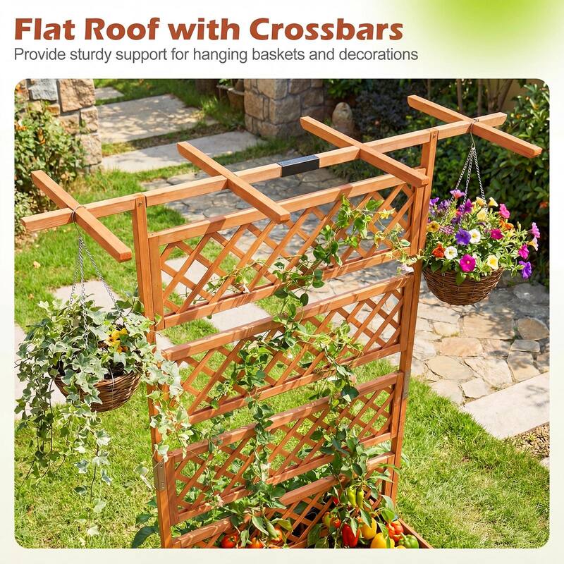 Gymax 2PCS Wooden Planter Box w/Lattice Trellis Flat Roof Drainage for