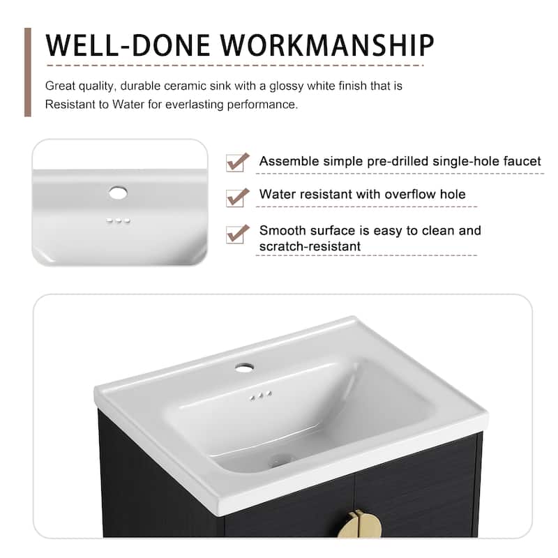 24-Inch Soft-Close Bathroom Vanity with Ceramic Sink, Ample Storage, Wall-Mounted Design for Compact Bathrooms
