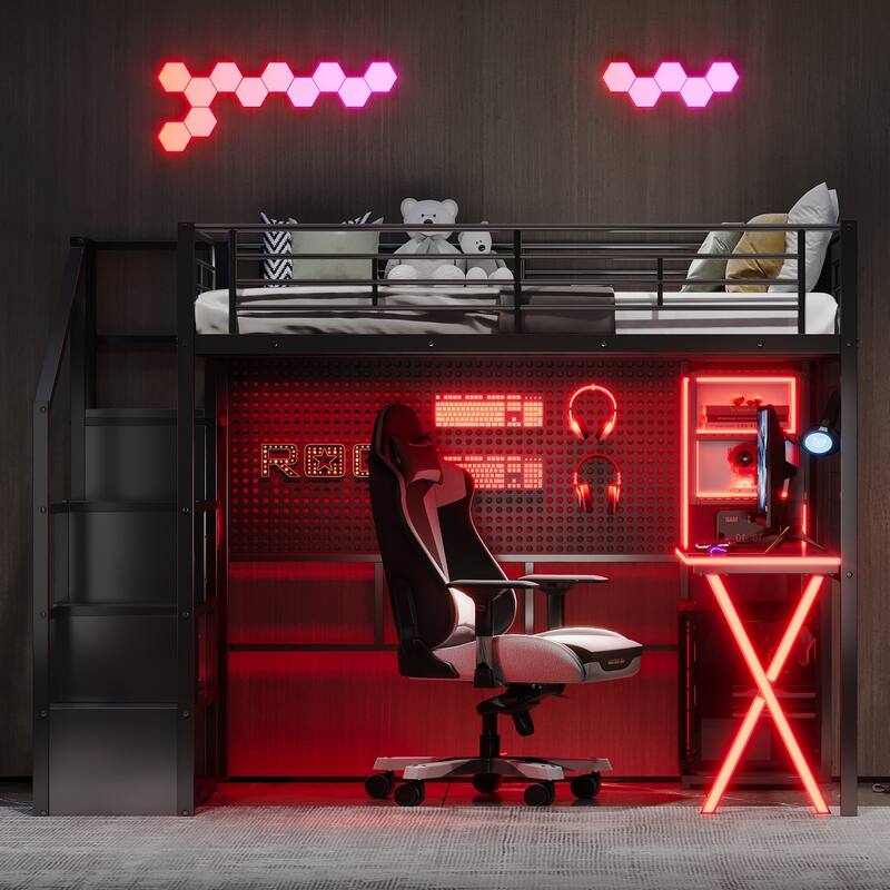 Gaming Metal Loft Bed with Built-in Work Station & Wardrobe, Heavy Duty Loft Bed Frame with Storage Staircase and LED Lights
