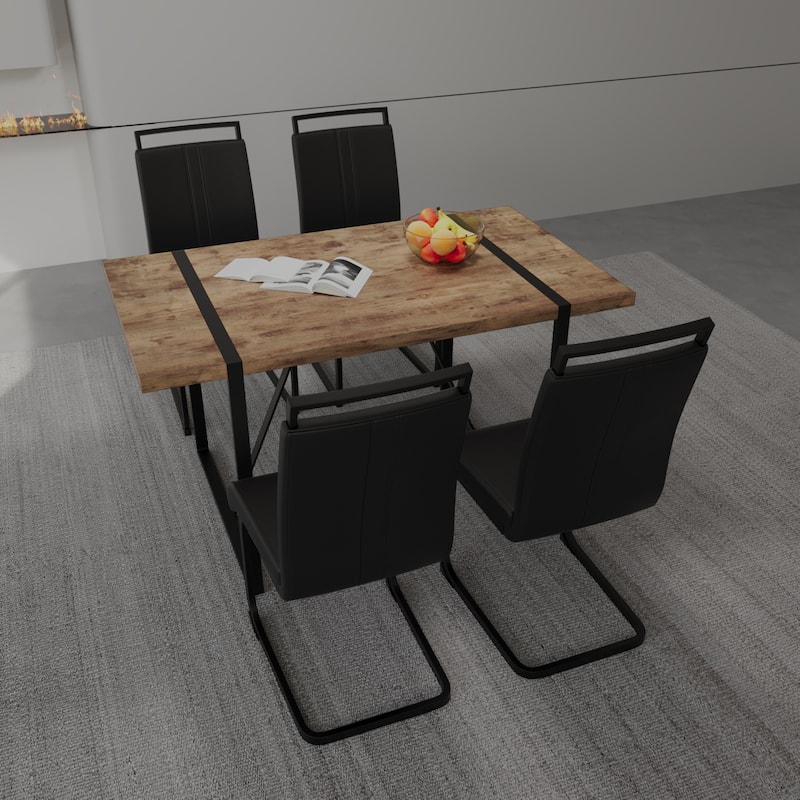 Modern 5-Piece Dining Set with Dark MDF Rectangular Table & 4 High Back Black Metal Legs Chairs