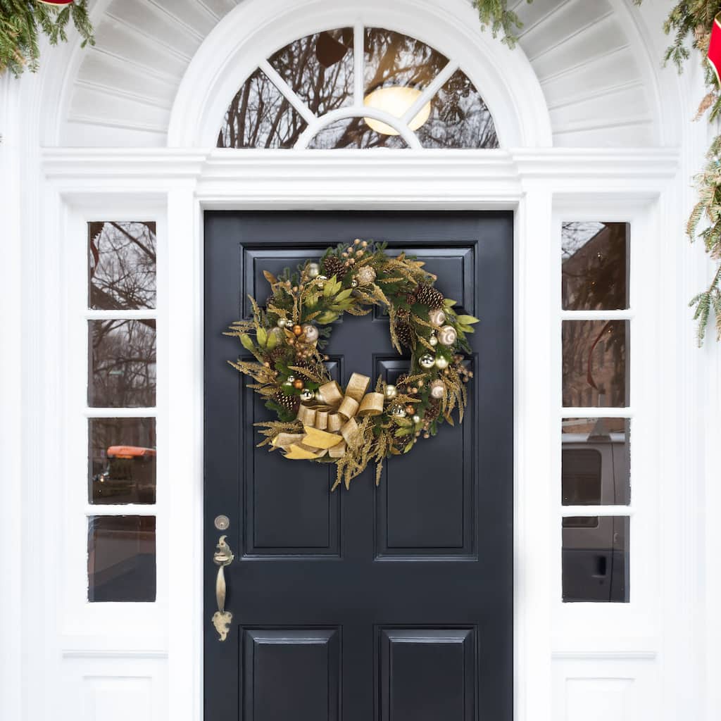 SAFAVIEH Home Luxe 34-inch Gilded Pine Wreath With Ornaments Ribbon & Pine Cones
