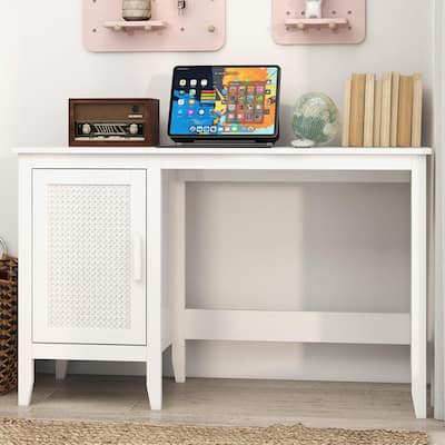 47 in White Computer Desk with Rattan Cabinet Home Office Desk