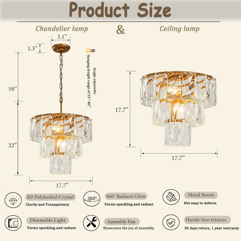 18'' 4-Light Mid-Century Modern Glam Antique Gold Crystal Tiered Flush Mount Luxury Ceiling light For Foyer and Entryway - W18''