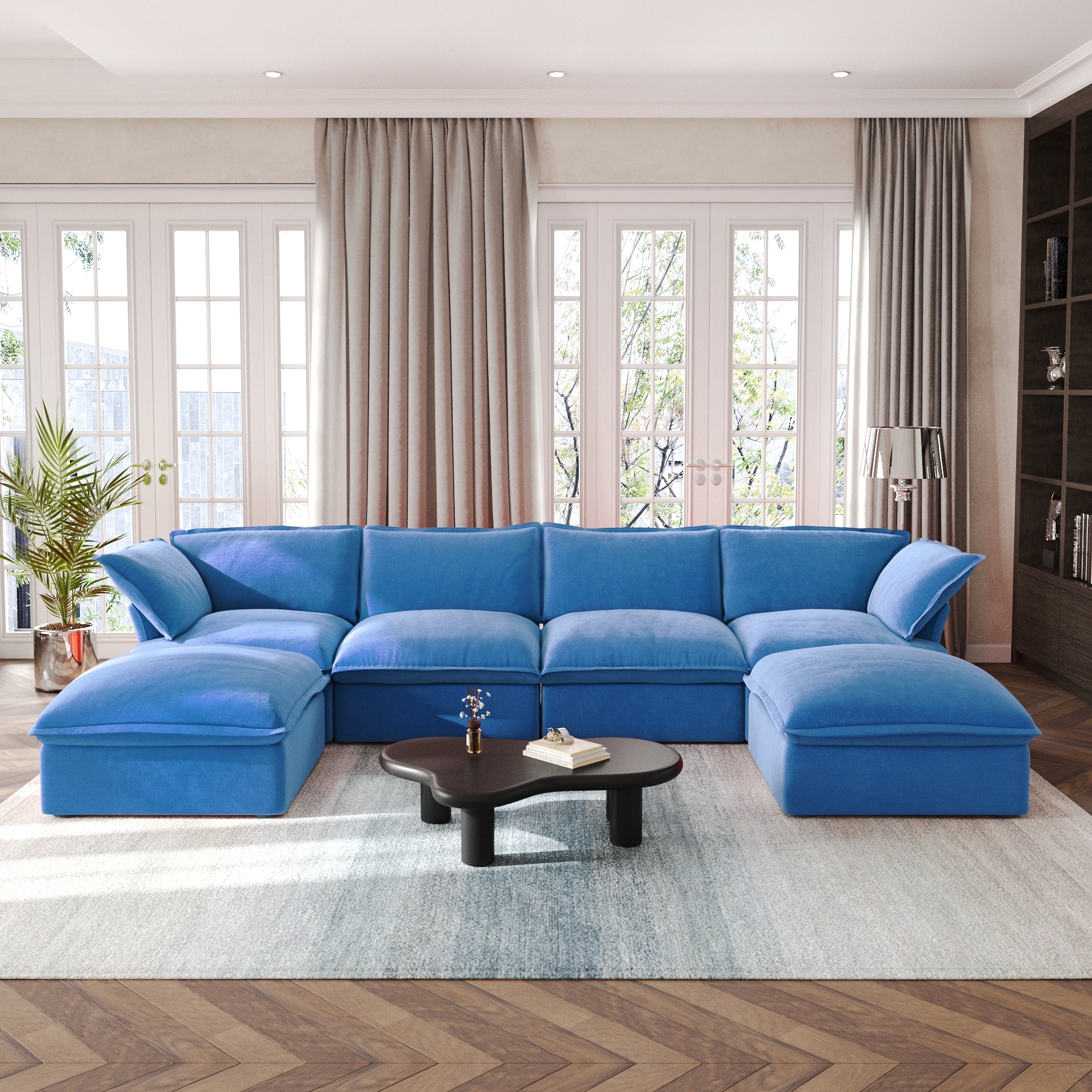 U Shape Couch Sectional for Living Room, Velvet Modular Sofa with Ottomans