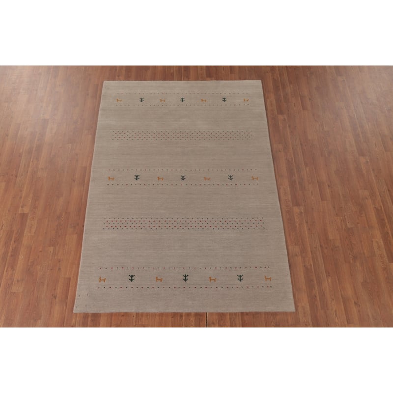 Oriental Gabbeh Area Rug Hand-Knotted Tribal Beige Wool Carpet - 5'3"x 7'6"