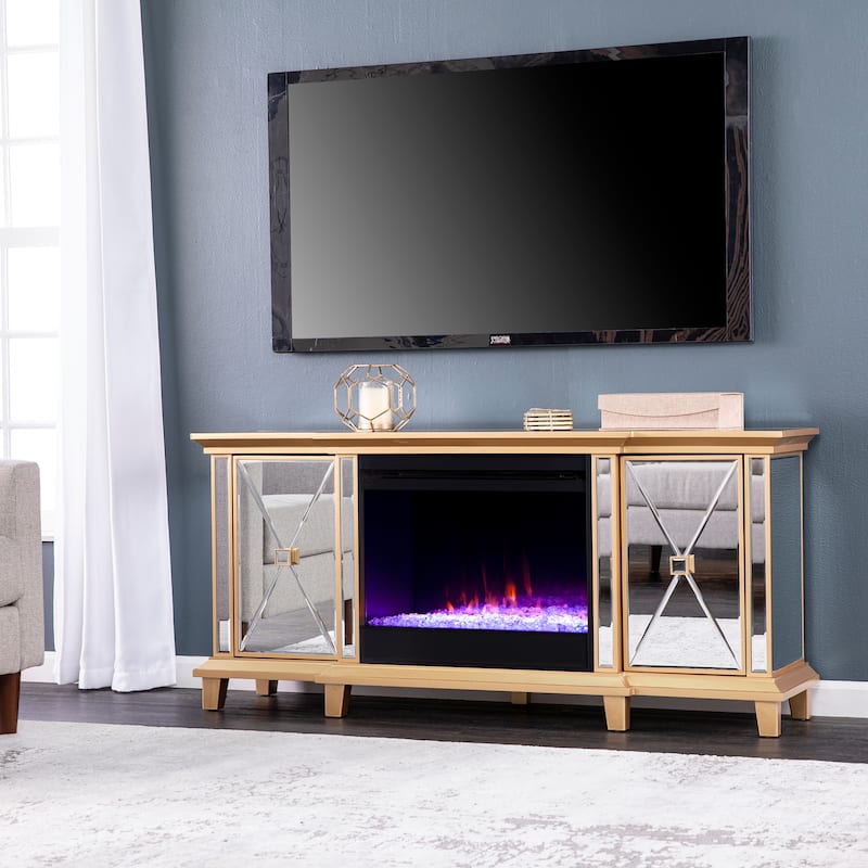 SEI Furniture Mirrored Media TV Stand with Color Changing Fireplace Insert for TV's up to 62"