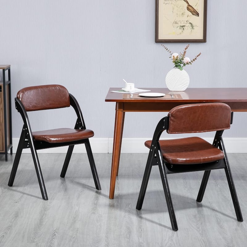 Wooden Stackable Dining Folding Chairs with Padded Seats(Set of 2) - Black Wood+PU