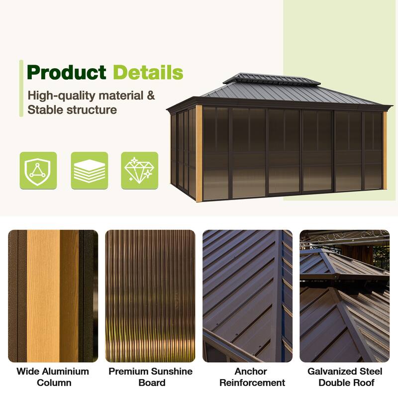 Outdoor Solarium Sunroom,Patio Hardtop Gazebo,All-Season Aluminum Patio Gazebo with with Sliding Doors and Screens