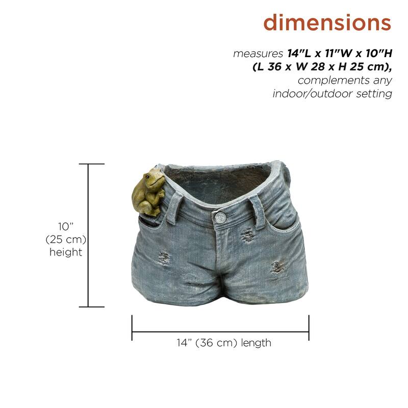 Alpine Corporation 10" Tall Indoor/Outdoor Denim Shorts with Frog Shaped Planter and Yard Decoration - 14"L x 11"W x 10"H