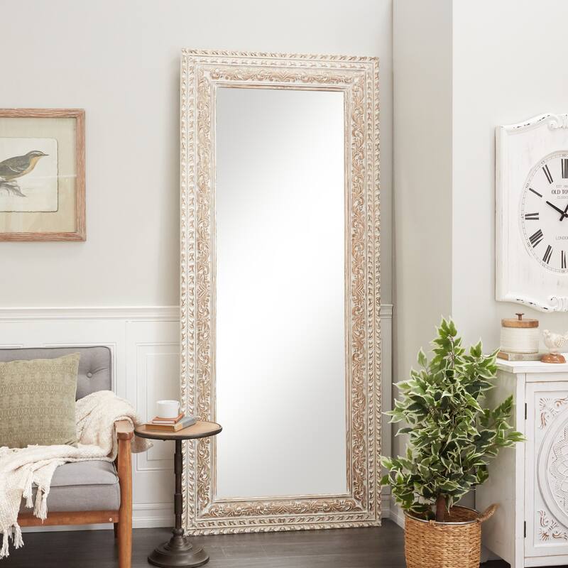 White Mango Wood Vine Scroll Room Wall Mirror with Brown Carved Detail - White