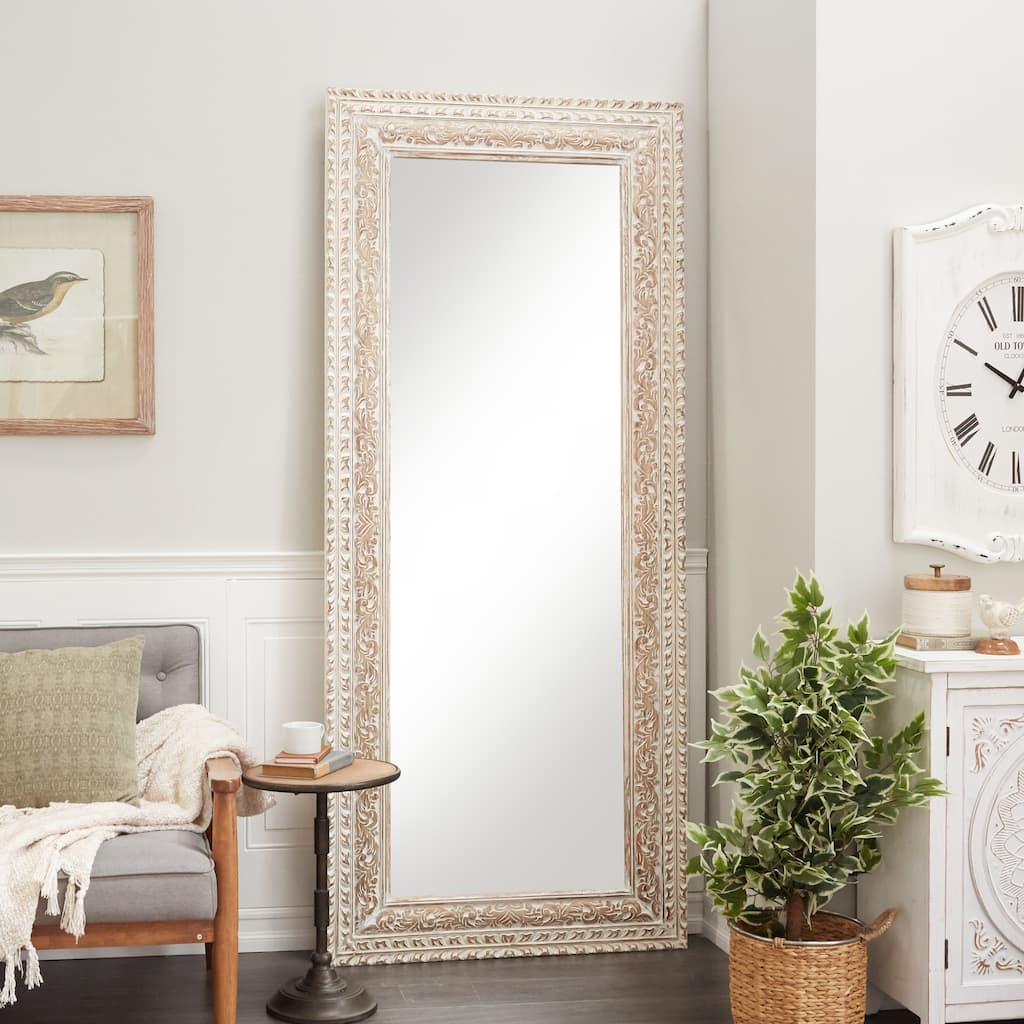 White Mango Wood Vine Scroll Room Wall Mirror with Brown Carved Detail