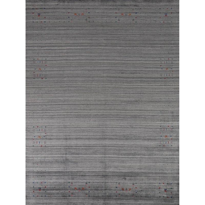 Hand Knotted Oriental 100% Wool Carpet Tribal Stripe Greys & Charcoal Gabbeh Area Rug - 9' 10'' X 8' 3''