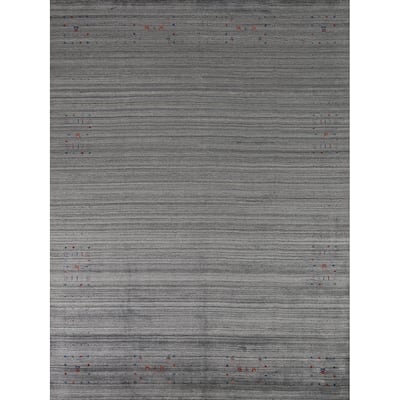 Gray Gabbeh Indian Area Rug Hand-Knotted Stripe Wool Carpet - 8'3" x 9'10"