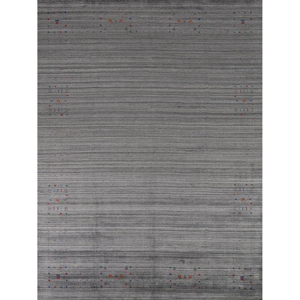 Hand Knotted Oriental 100% Wool Carpet Tribal Stripe Greys & Charcoal Gabbeh Area Rug - 9' 10'' X 8' 3''