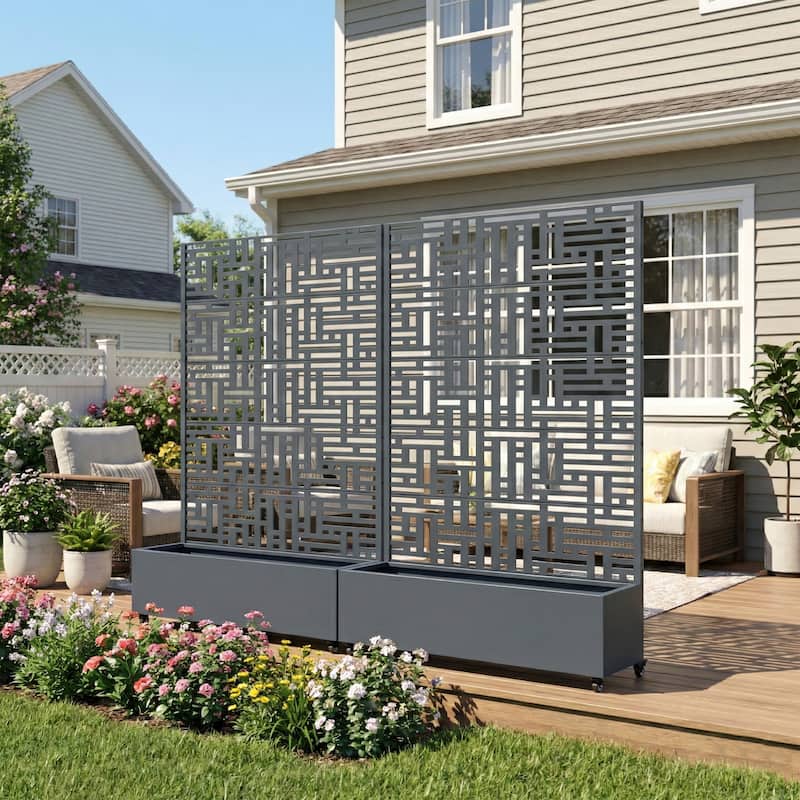 Metal Movable Planter Box with Trellis Privacy Screen Lockable Wheels