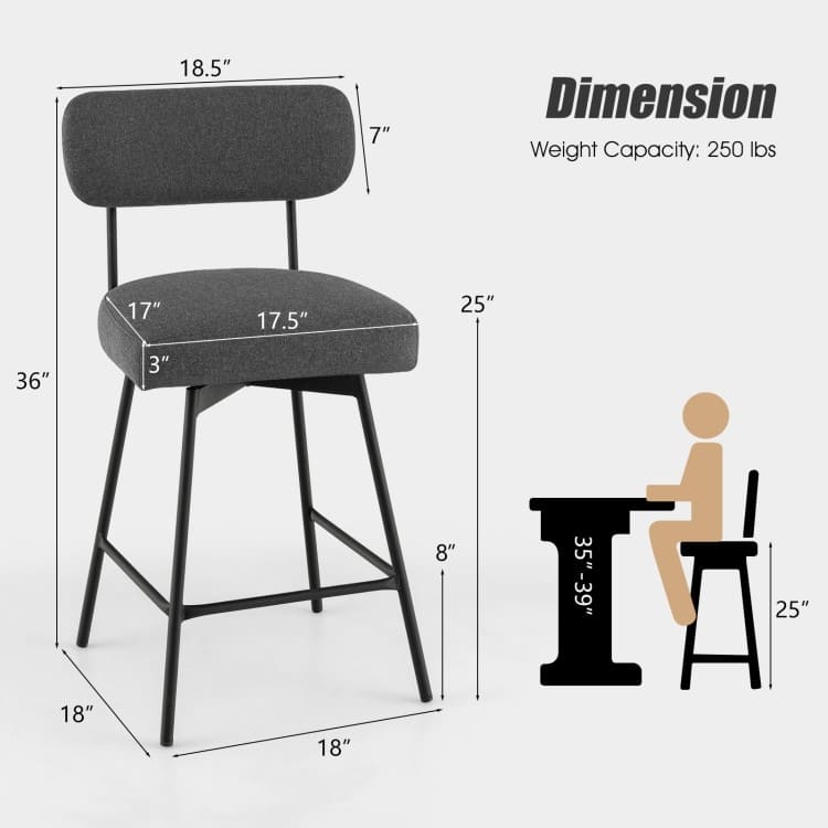 25" 2-Piece Modern Upholstered Bar Stools with Back and Footrests - 17.5" x 17" x 36" (L x W x H)