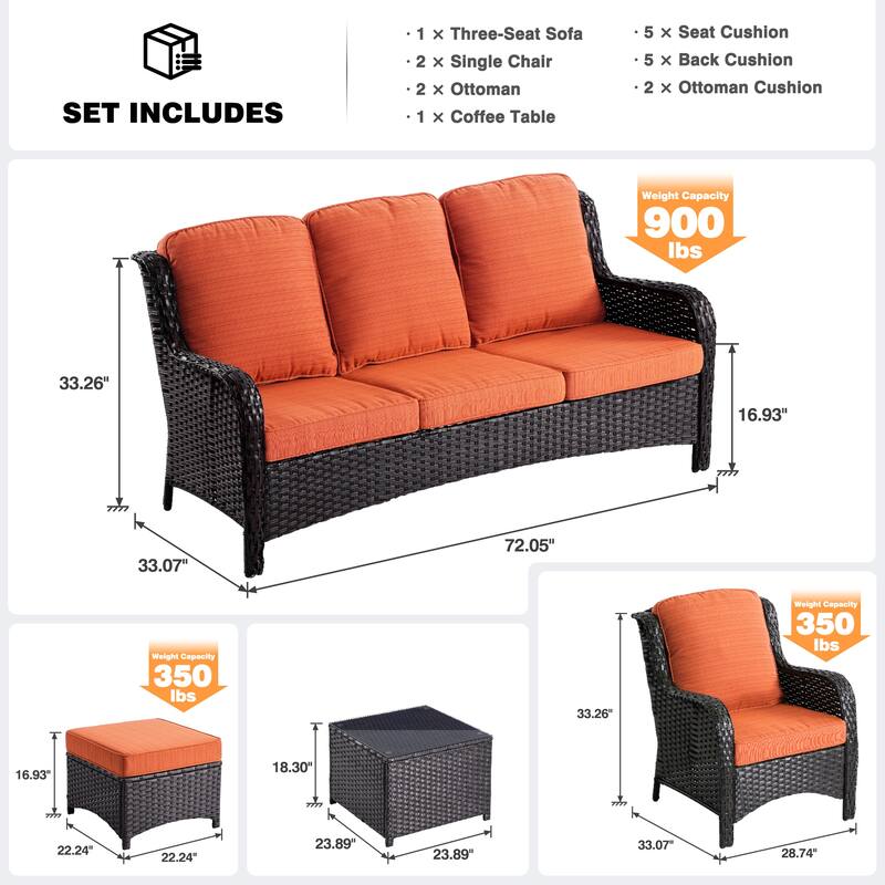OVIOS 6-piece Patio Conversation Wicker Set with Glass Top Table