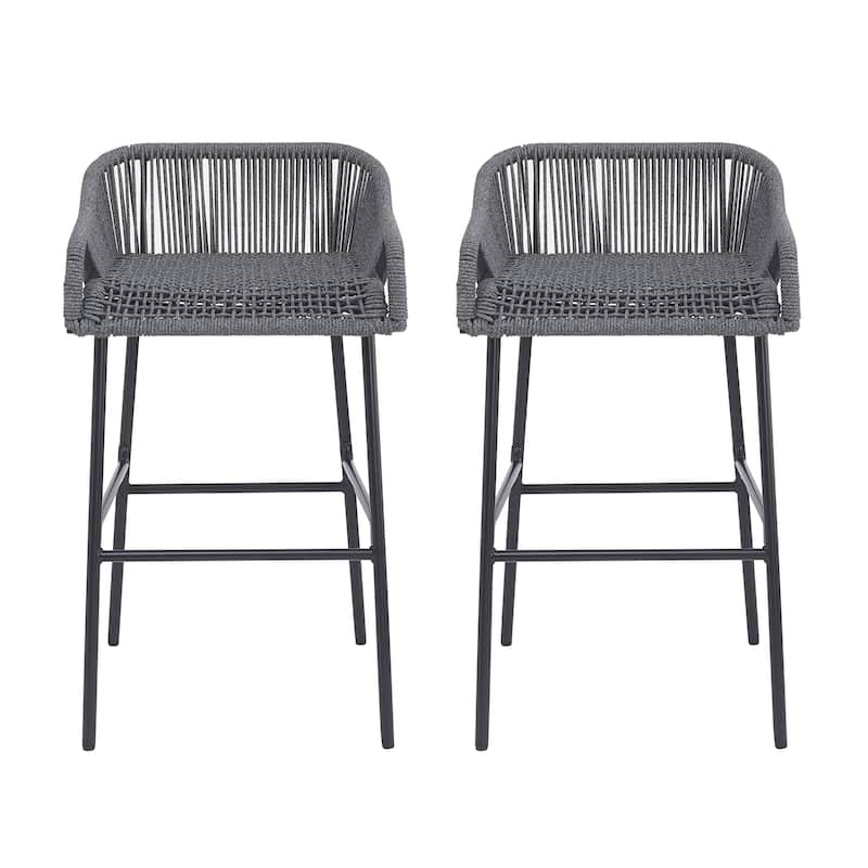 Neri Iron Outdoor Patio Rope Weave Barstools (Set of 2) by Christopher Knight Home - Dark Gray