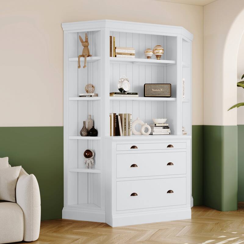 83.4"Tall Bookshelf with Two Corner Shelf Suite,Bookcase with 3 Drawer and Open Shelves
