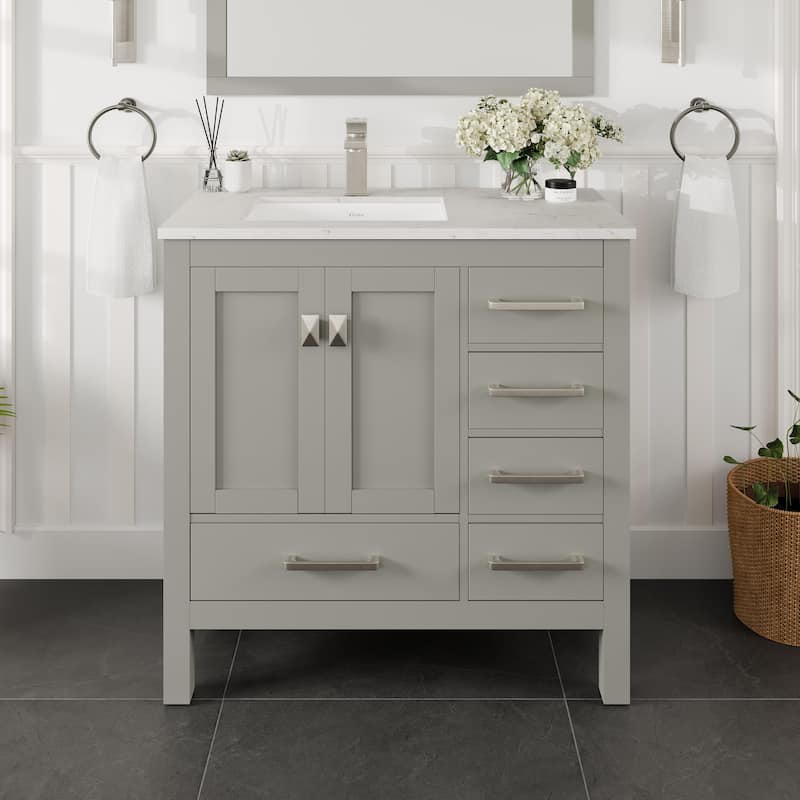 London 38"W Gray SS Bath Vanity with White Carrara Quartz Top