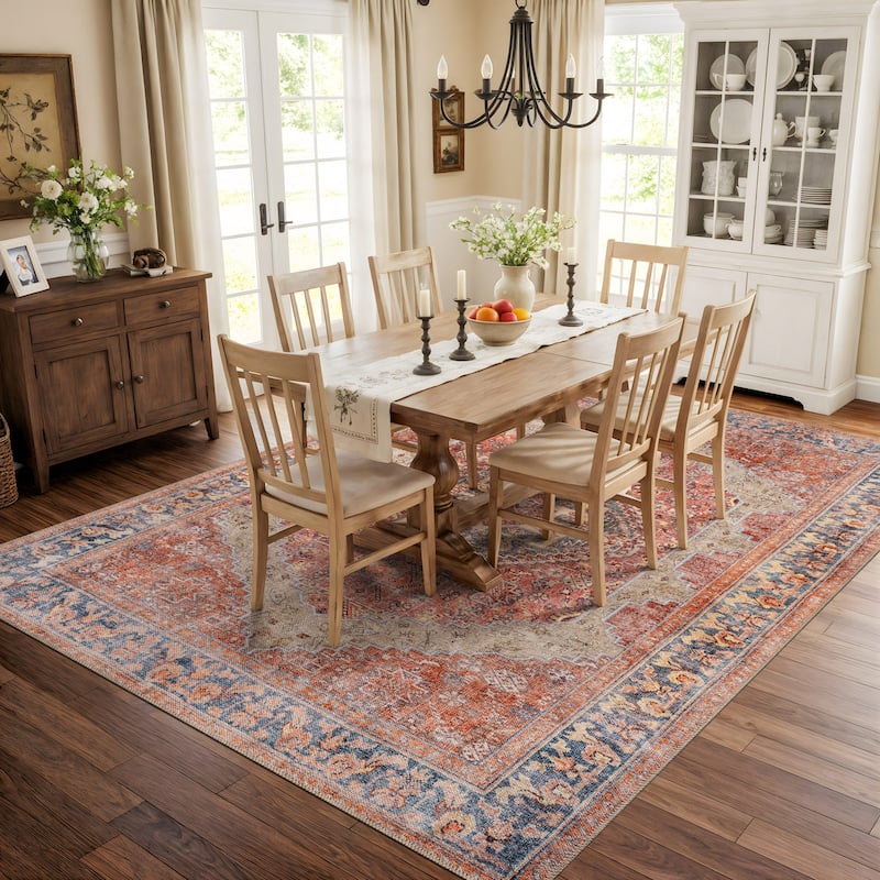 Beige Medallion Flat Pile Washable Rug - Pet Friendly, Non-Slip for Entryway and Bedroom
