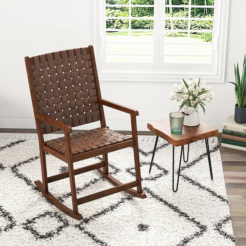 Gymax Rocking Chair with PU Seat & Rubber Wood Frame Safe & Smooth