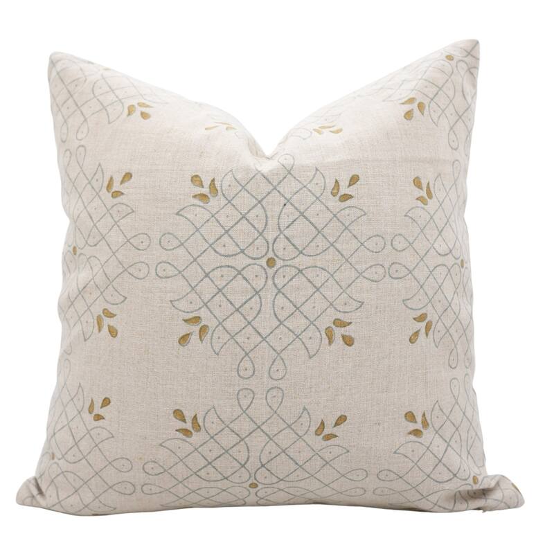 Fabdivine Handmade Block Print Floral Pillow Cover, Soft Pure Linen for Sofa, Alpana - Alpana- Yellow, Grey - 12"X20"