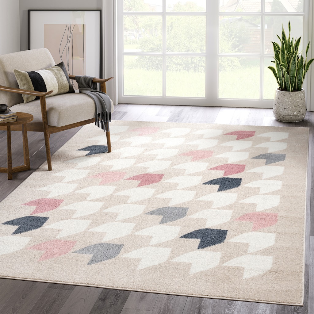 Beige Houndstooth Pink Area Rug