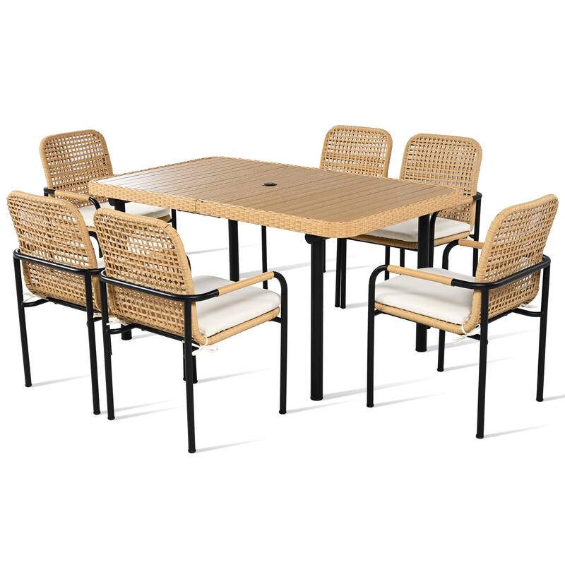 7-Piece Rattan Patio Dining Set with Umbrella Hole & Cushions