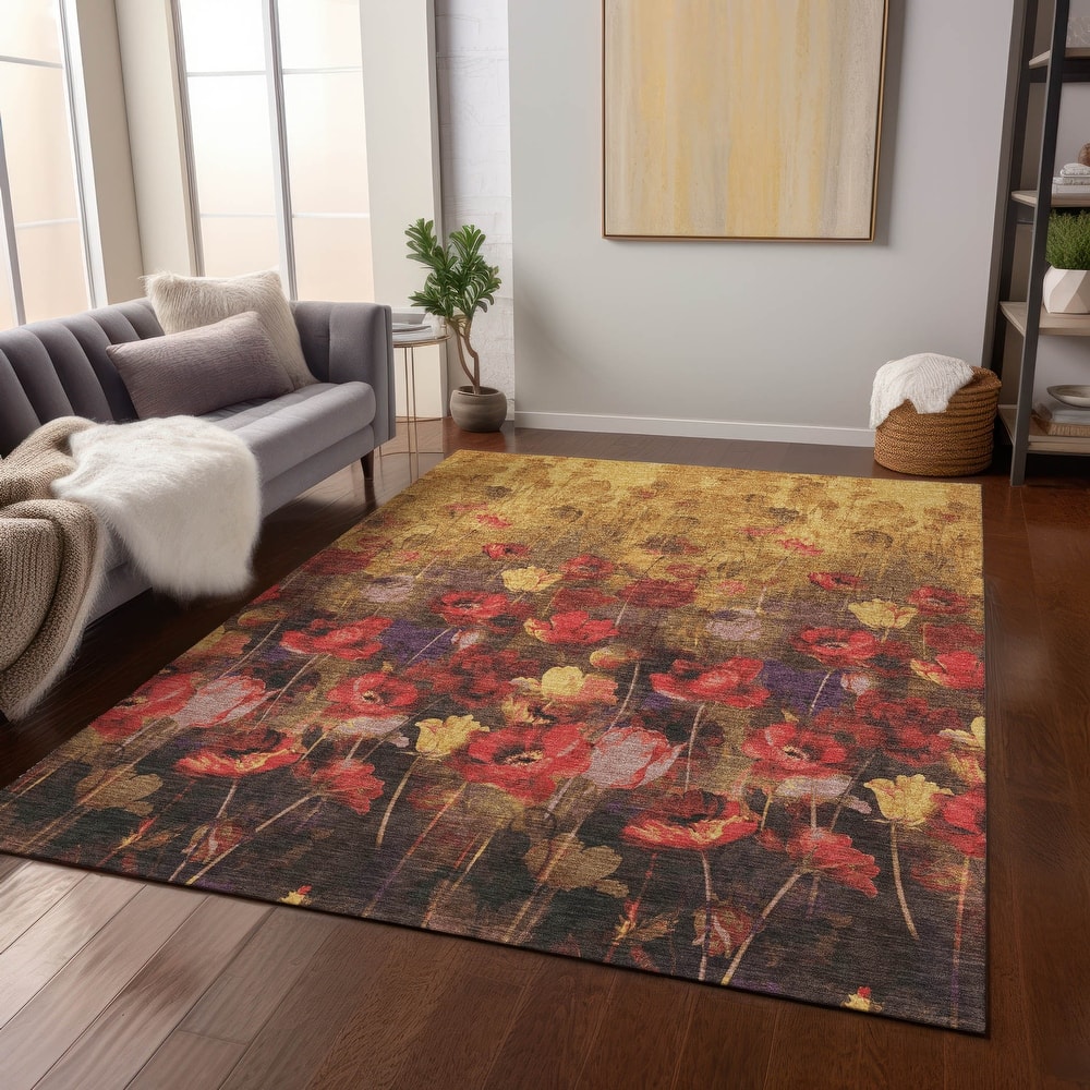 Machine Washable Indoor/ Outdoor Modern Floral Chantille Rug