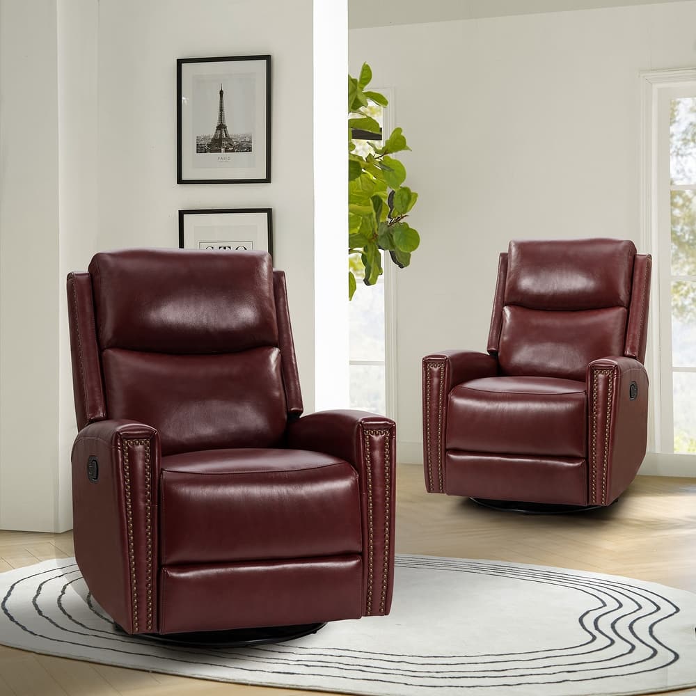 Fiacro 30.31"Wide Mid-Century Modern Genuine Leather Wingback Swivel Rocker Recliner with Nailhead Trims, Set of 2