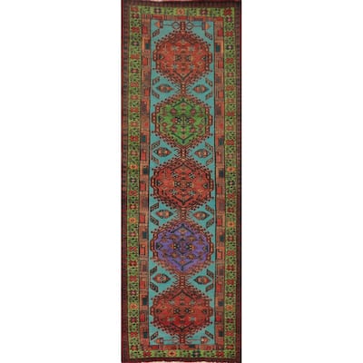 Hand Knotted Oriental 100% Wool Carpet Traditional Geometric Navy Blue & Blues Ardebil Runner Rug - 10' 6'' X 3' 3''