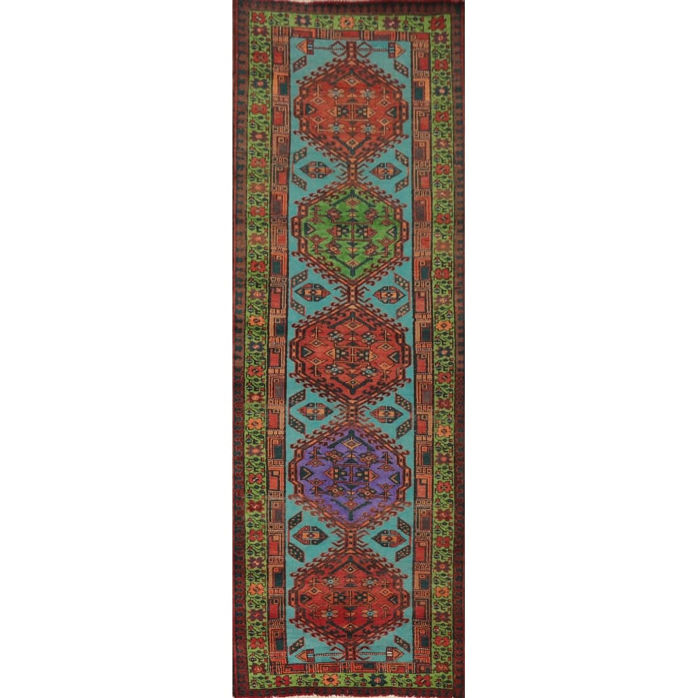 Hand Knotted Oriental 100% Wool Carpet Traditional Geometric Navy Blue & Blues Ardebil Runner Rug - 10' 6'' X 3' 3''