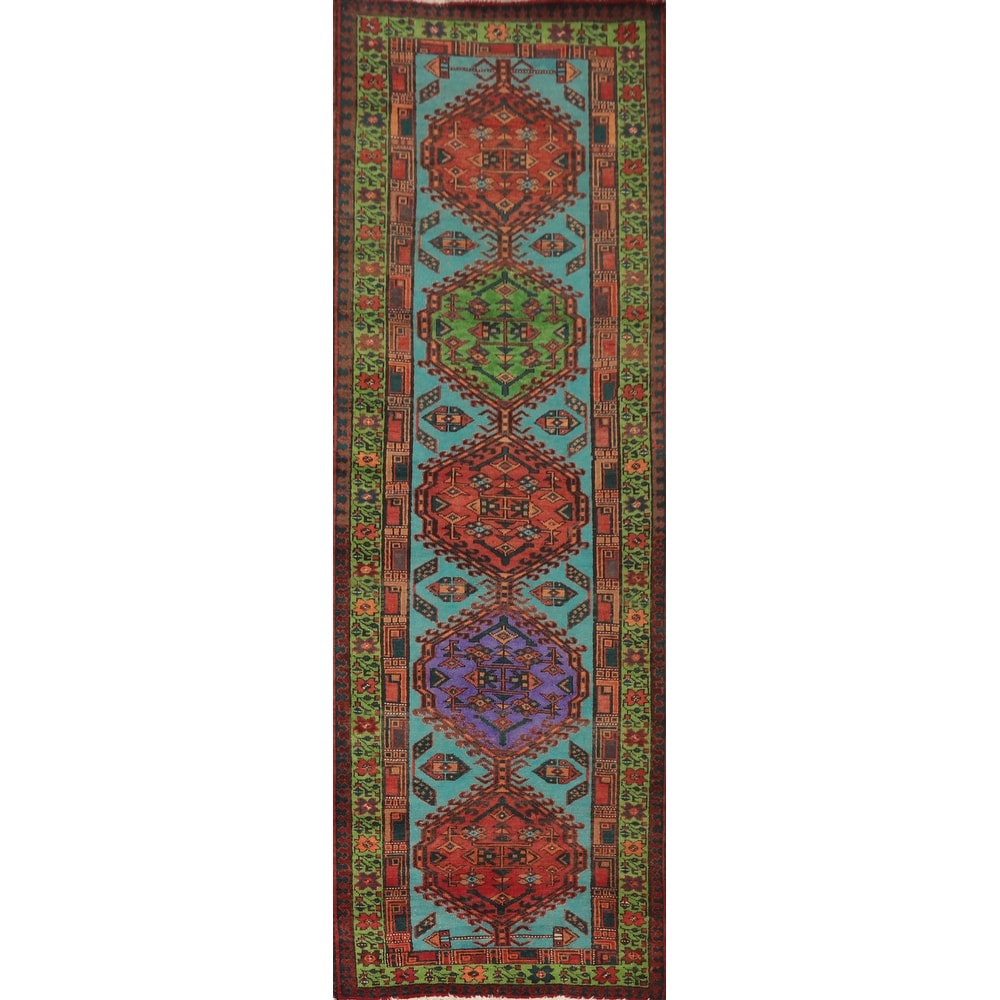 Hand Knotted Oriental 100% Wool Carpet Traditional Geometric Navy Blue & Blues Ardebil Runner Rug - 10' 6'' X 3' 3''