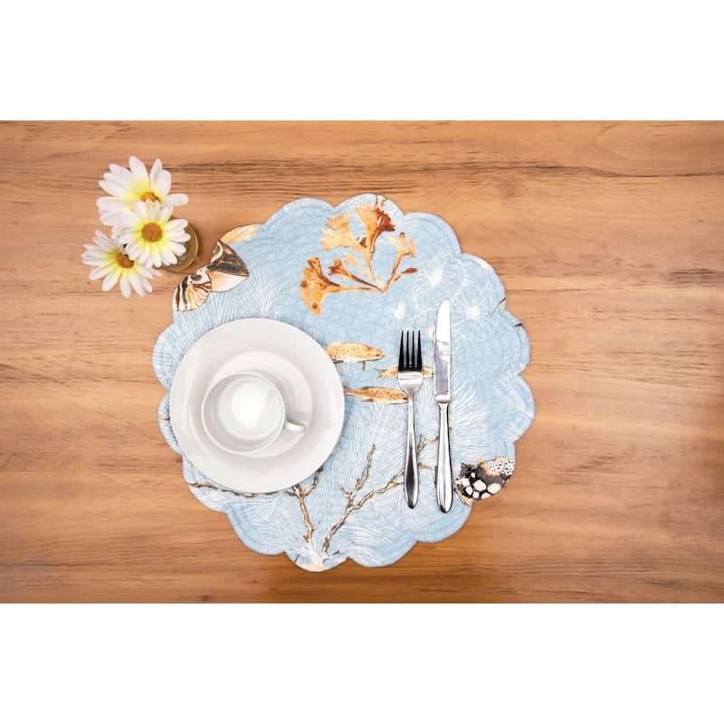 Meraki Island Round Quilted Reversible Blue Coastal Placemat Set of 6 - Set of 6