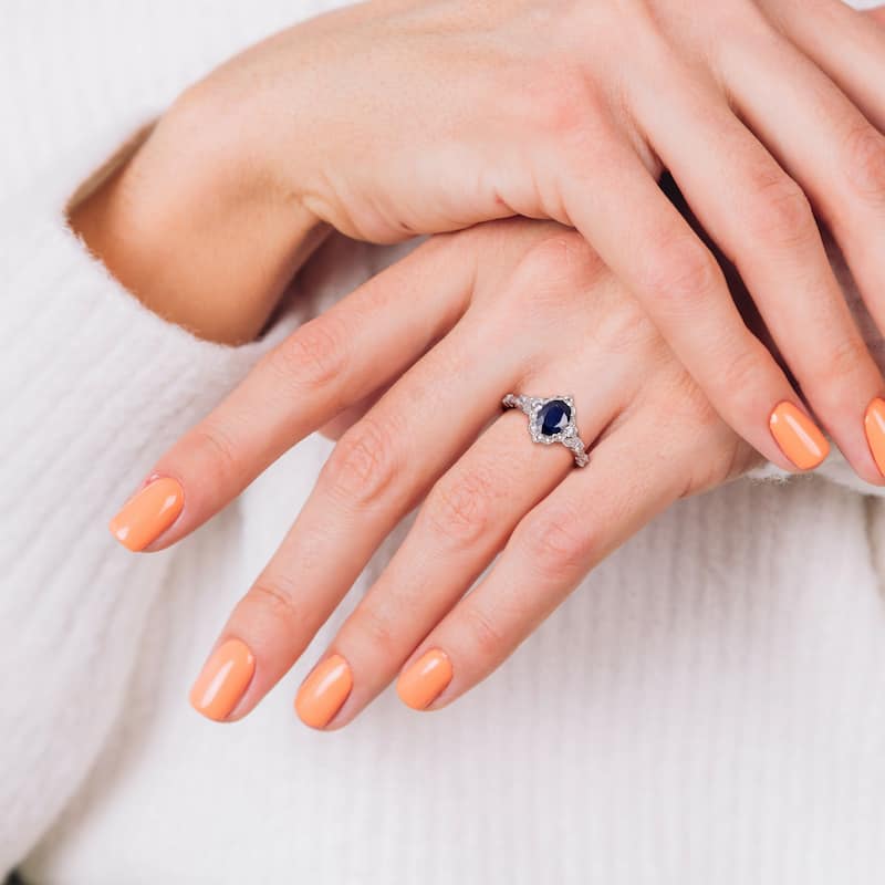 Miadora 10k White Gold Blue and White Sapphire with Diamond Accent Vintage Halo Engagement Ring