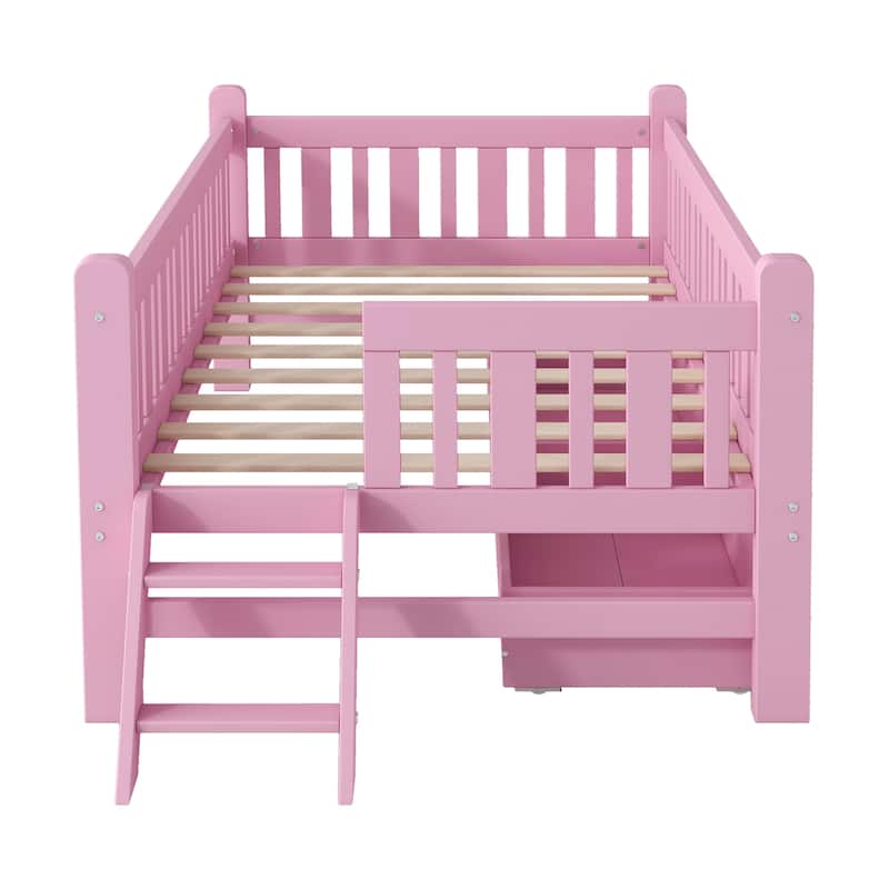 Low Twin Platform with 2 Drawers & Guardrails for Kids Room