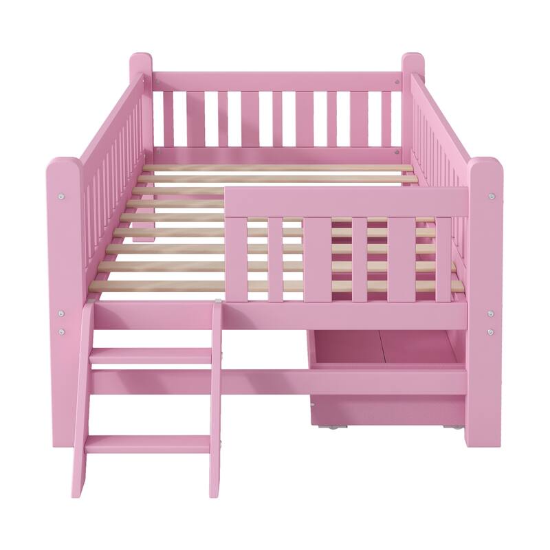 Wood Low Loft Bed Storage Platform Bed with Guardrail and 2 Drawers