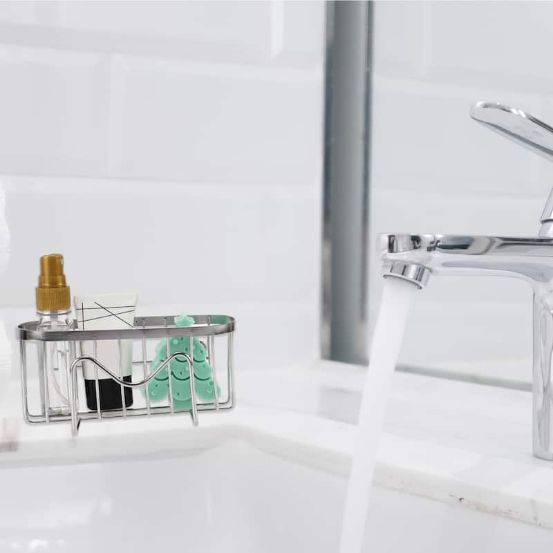 1 Set Sink Caddy Organizer, Sponge Holder, Kitchen Sink Caddy Organizer, Sink Caddy Organizer, 6.50"x3.03"x2.99" - Silver Tone