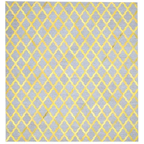 One of a Kind Hand-Woven Modern 6' Square Trellis Leather Yellow Rug - 6' Square