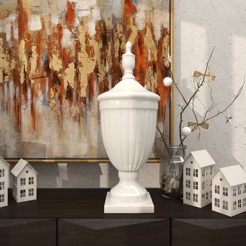 White Ceramic Tall Fluted Urn Living Room Decorative Jars with Grooves and Lid