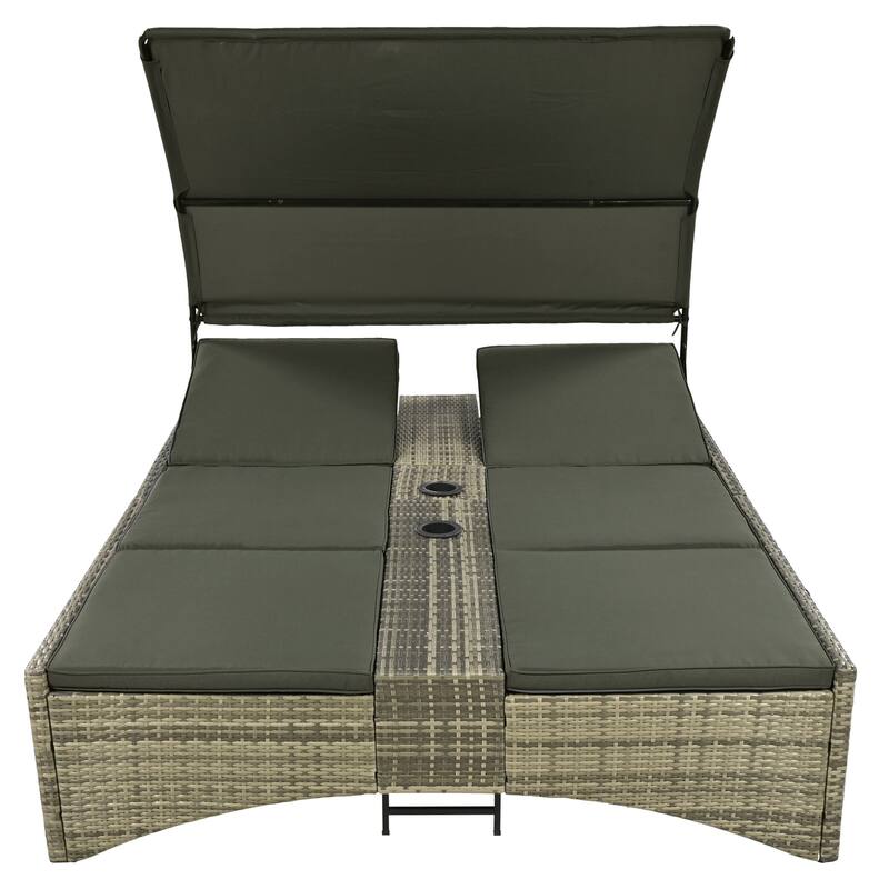 Outdoor Patio Rattan Daybed Sunbed with Canopy and Adjustable Backrest, Storage Box and 2 Cup Holders