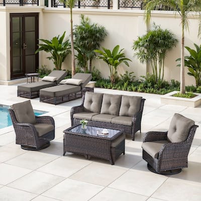 Gymojoy Luxury Outdoor Wicker Patio Furniture with 3 Seat Sofa, Chaise Lounge Chair，Swivel Chair, Rattan Coversation Set