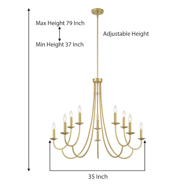 Mid-century Modern 10-light Candle Gold Chandelier with Classic Arm - 35" D * 79" H